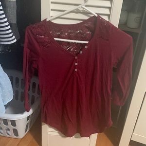 Red lace long sleeved button up shirt